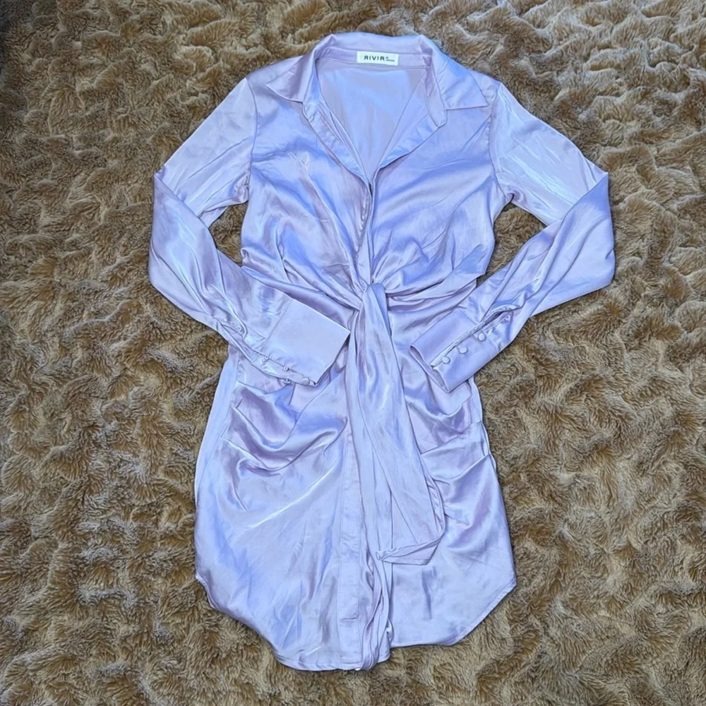 Rivir Lavender Satin Tie-Front Dress size M - Picture 6 of 11